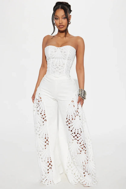 Women's Solid Color Pants Sets Hollow Out Lace Tube Top Cropped Top High Waist Trousers Two Piece Set Sexy Hot Girl Streetwear