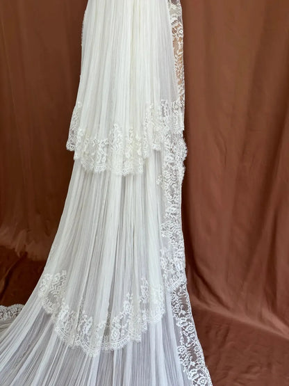 Luxury White Sheer Cathedral Veil with Tiered Lace Trim and Pleated Tulle Long Bridal Headpiece Customized V265190