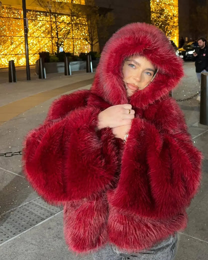 Solid Color Hooded Imitation Fur Coat Europe and The United States Imitation Eye-catching Enthusiasm Warm Comfortable Fashion