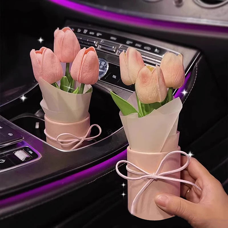 Creative Car Interior Decoration Cute Crafts Ornaments Car Tulip Bouquet Decorative Supplies Car Center Console Decoration Gifts