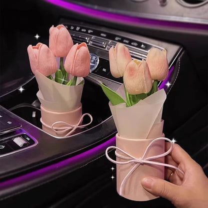 Creative Car Interior Decoration Cute Crafts Ornaments Car Tulip Bouquet Decorative Supplies Car Center Console Decoration Gifts