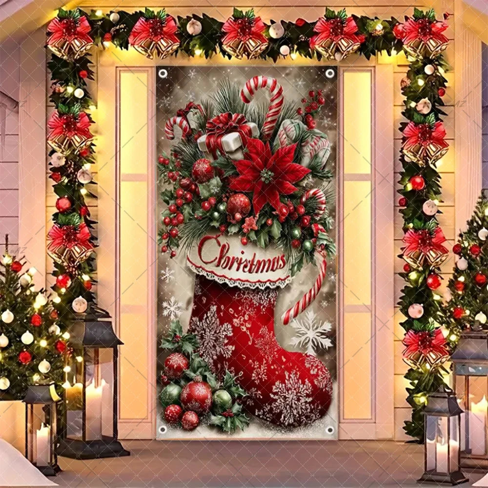 Christmas Humorous Santa Claus And Elk Door Banner Party Decorations Indoor Outdoor Veranda Door Cover Supplies Festive Gifts