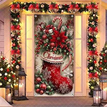 Christmas Humorous Santa Claus And Elk Door Banner Party Decorations Indoor Outdoor Veranda Door Cover Supplies Festive Gifts