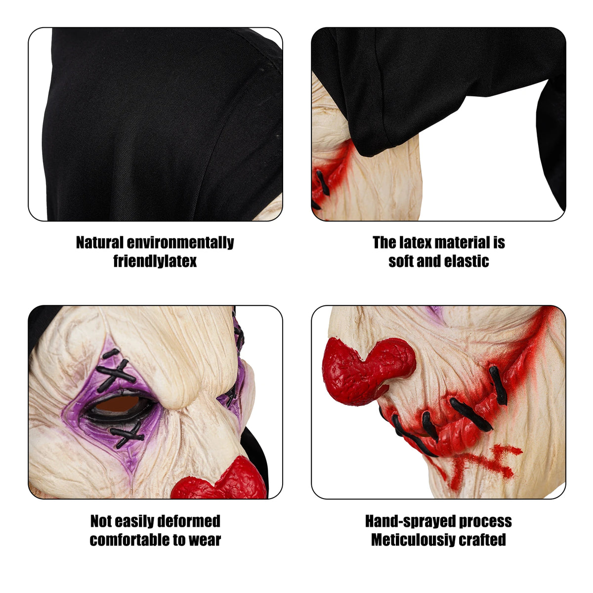 Horror Clown Latex Mask with Black Hood - Scary Stitched Face Mask for Halloween, Carnival, Music Festivals & Prank Gifts