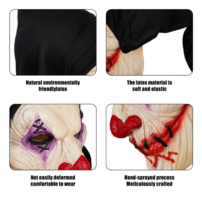 Horror Clown Latex Mask with Black Hood - Scary Stitched Face Mask for Halloween, Carnival, Music Festivals & Prank Gifts