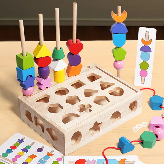 Kids Montessori Wooden Toys Baby Colorful Shape Matching Sleeve Column Beaded Games Cognition Early Education Toys for Children