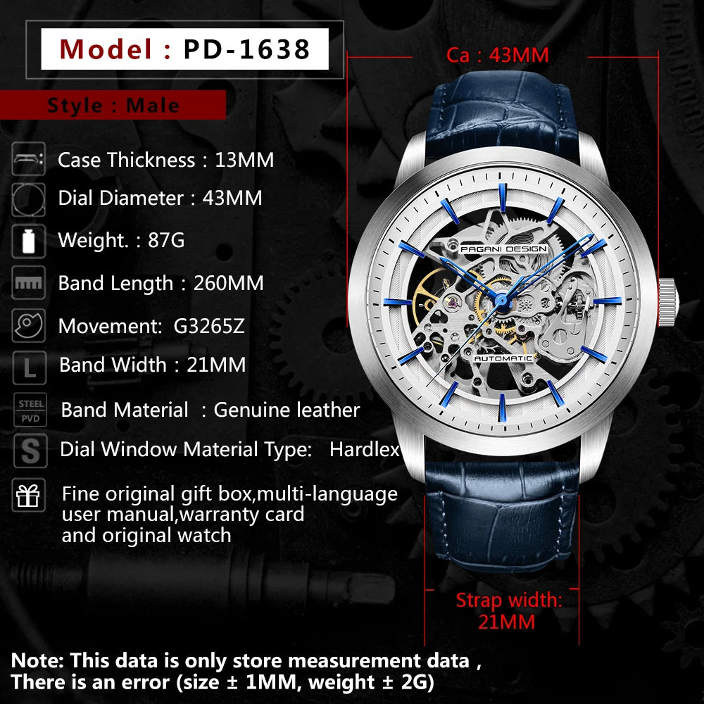 PAGANI DESIGN 2026 New Skeleton Men's Mechanical Watches Top Luxury Automatic Watch Men Blue Leather Waterproof Wrist Watch Men