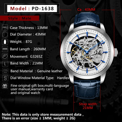 PAGANI DESIGN 2026 New Skeleton Men's Mechanical Watches Top Luxury Automatic Watch Men Blue Leather Waterproof Wrist Watch Men