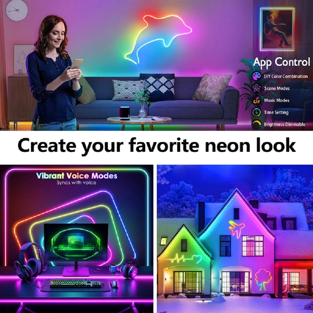 Neon Rope Light 24V 5M 10M 15M 20M 30M Rgb Bluetooth Neon Led Strip Light Outdoor Waterproof Multicolor Neon Flexible Diode Tape