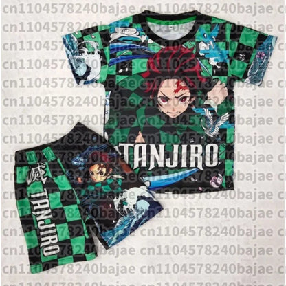 Demon Slayer Kyojuro Rengoku Flame Hashira 2-Piece Set Short Sleeve T-shirt and Matching Shorts Anime Print Casual Loungewear