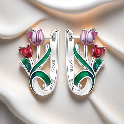 PANPOKI Original 925 Sterling Silver Beautiful Tulip Flower Earrings Women Hoop Earring Anniversary Jewelry Trendy Gifts