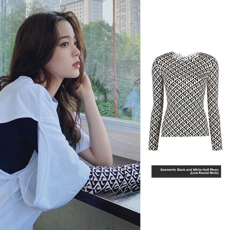 Ice Silk Two Piece Set Womens Sun Protection Clothes Long Sleeve Moon Print Top and Pants American Retro Sexy Autumn New