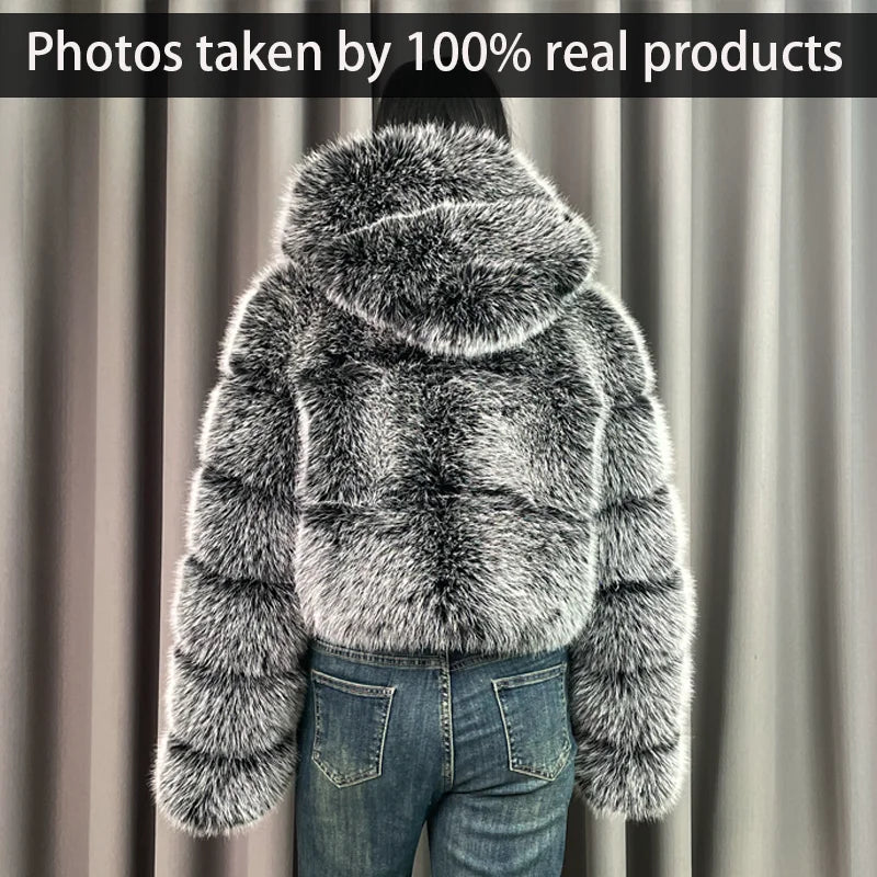 Winter Warm Ladies Fake Fox Fur Jacket Short Fashion Hooded Artificial Fox Fur Coat High Quality Women's Cropped Fur Coat Black