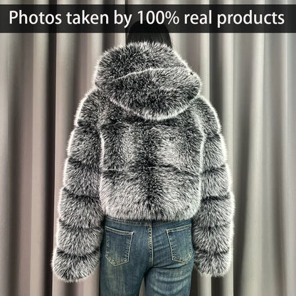 Winter Warm Ladies Fake Fox Fur Jacket Short Fashion Hooded Artificial Fox Fur Coat High Quality Women's Cropped Fur Coat Black