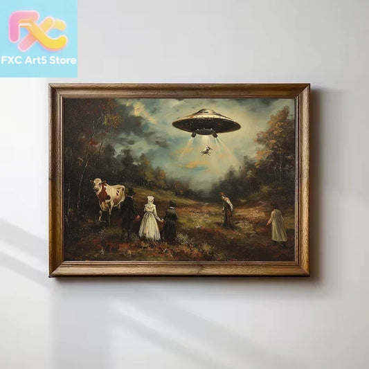 1pc frameless Vintage Surreal Funny Victorian UFO Landscape Cow Alien Poster Wall Art Pictures Canvas Painting Home Farmhouse De