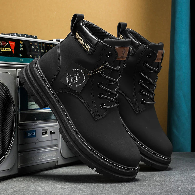 [Heavy-Duty Lace-Up Boots] 1-Pair High-Top Heavy-Duty Lace-Up Ankle Boots | All-Terrain PU/Fabric, Lugged PVC Sole | Al