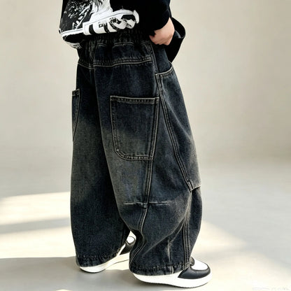 RAISE 2026 Autumn Kids Boys Jeans 2-10Yrs Boys Solid Loose Straight Pants Loose Elastic Waist Children Boys Spliced Denim Pants