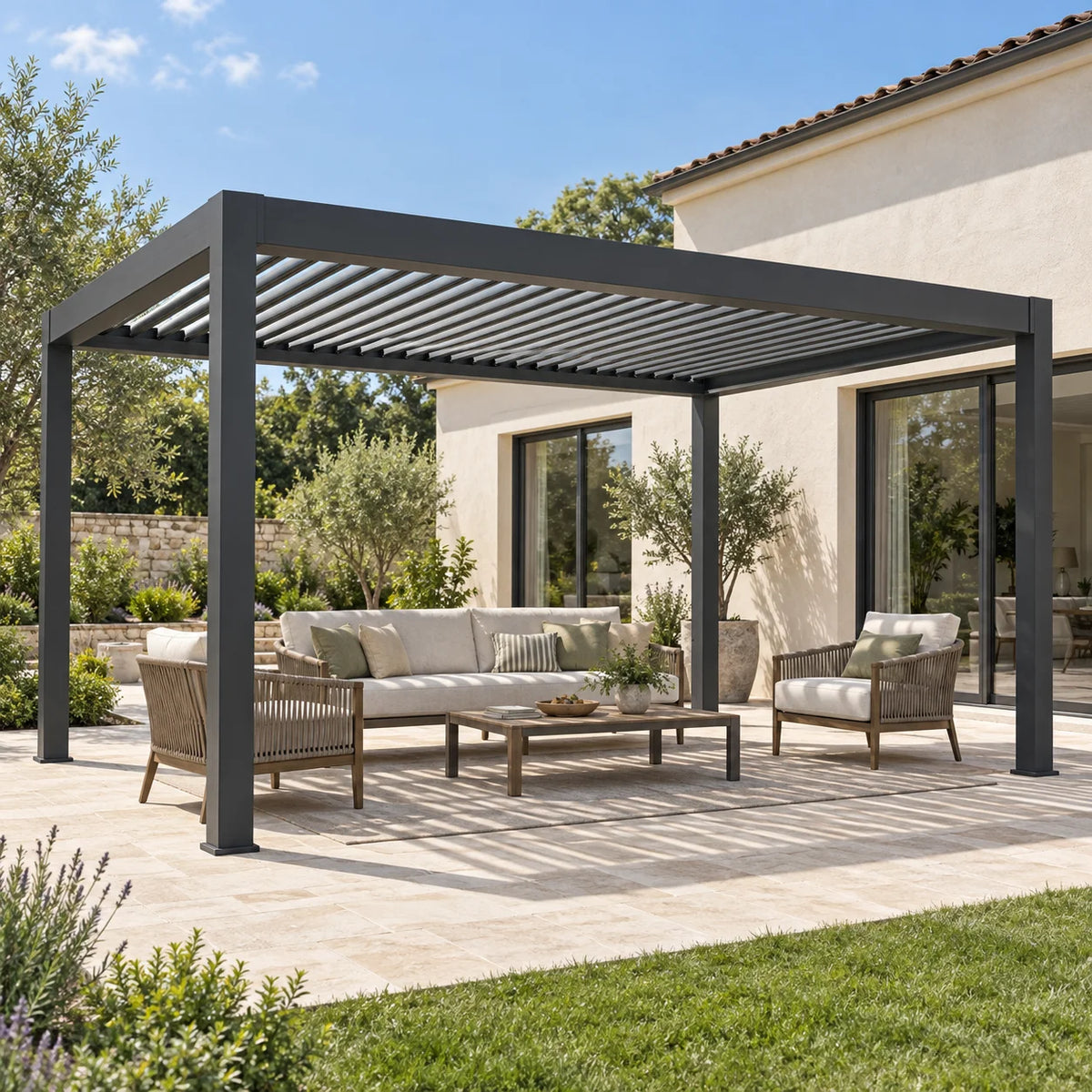 Motorized Bioclimatic Aluminum Pergola Adjustable Louvered Roof Outdoor Garden Gazebo For Patio Yard Deck All Weather Use