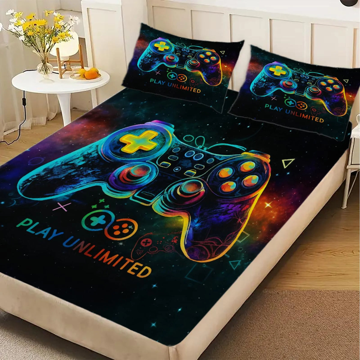 1pc Neon Cosmic Game Controller Print Fitted Sheet Deep Pocket Elastic Mattress Cover Single Double Queen King Bedroom Decor