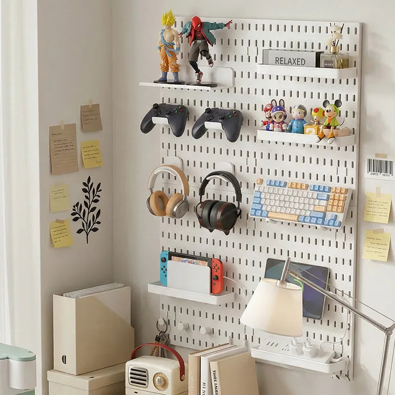 No Drill Pegboard Wall Rack Gaming Room Storage for Controllers Headphones Figures Keyboard Hooks Shelf
