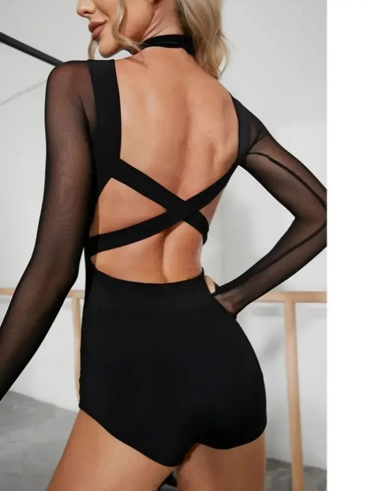 Adult Latin Dance Leotard Top for Women Black Mesh Jumpsuits Backless Cha-cha Samba Conjoined Body Training Performance Costume