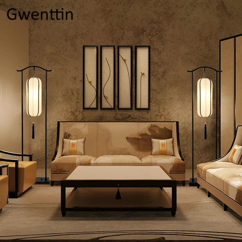 Chinese Classical Lantern Floor Lamps Fabric Standing Lights Living Room Bedroom Bedside Lighting Fixtures Luminaire Home Decor