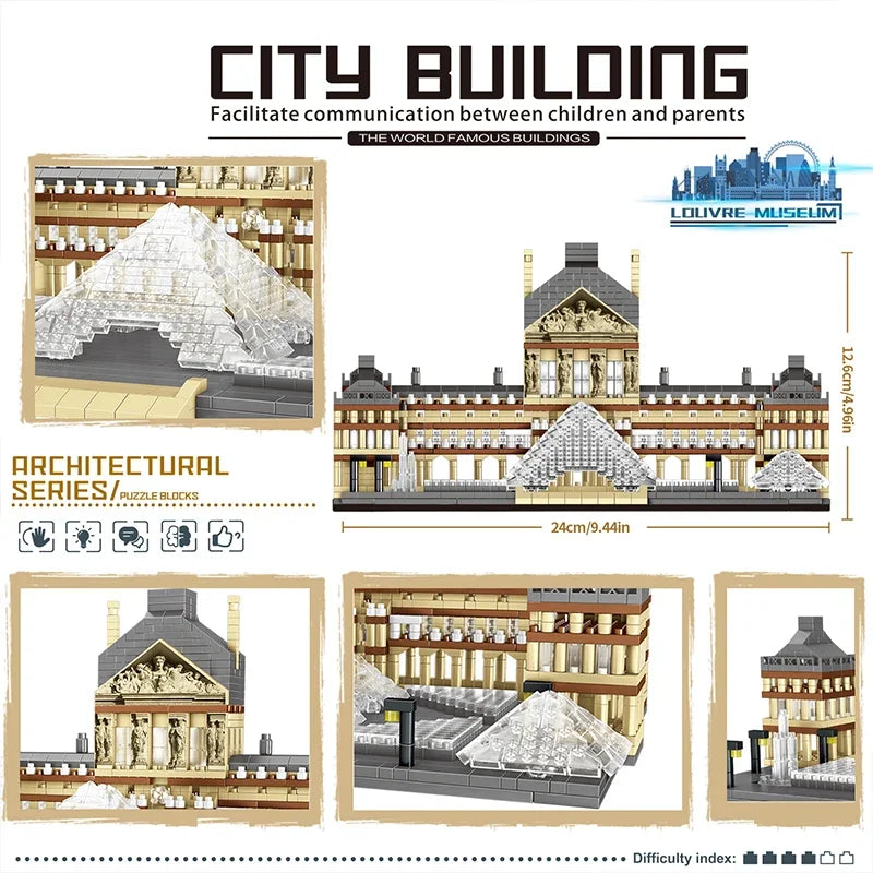 3377PCS Louvre Model Building Blocks World Famous Attractions Architectural Model Bricks Desktop Deco Boys DIY Toys Holiday Gift