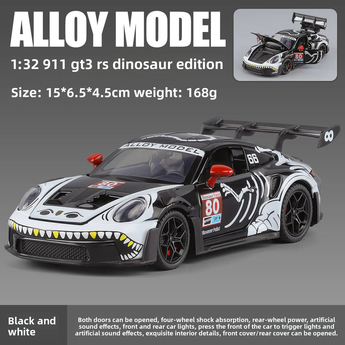 1:32 Porsche 911 GT3 R Rexy T-Rex Livery AO Racing Car Pull Back Toy with Light & Sound Drop Resistant Decor Gift for Collectors
