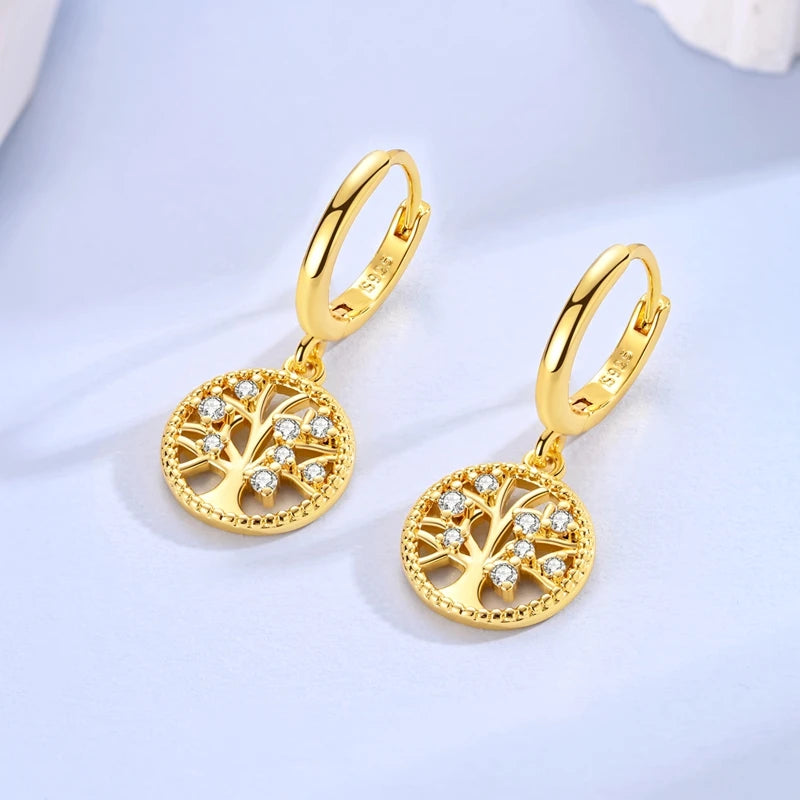 925 Sterling Silver Earrings Women Sparkling Gold Plated Tree of Life Hoop Earring For Anniversary Wedding Jewelry Gifts