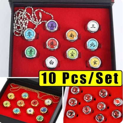 10pcs Naruto Akatsuki Sasuke Metal Rings Set Metal Necklaces Pendants Cosplay Action Figure Accessories Gift Kids Toys