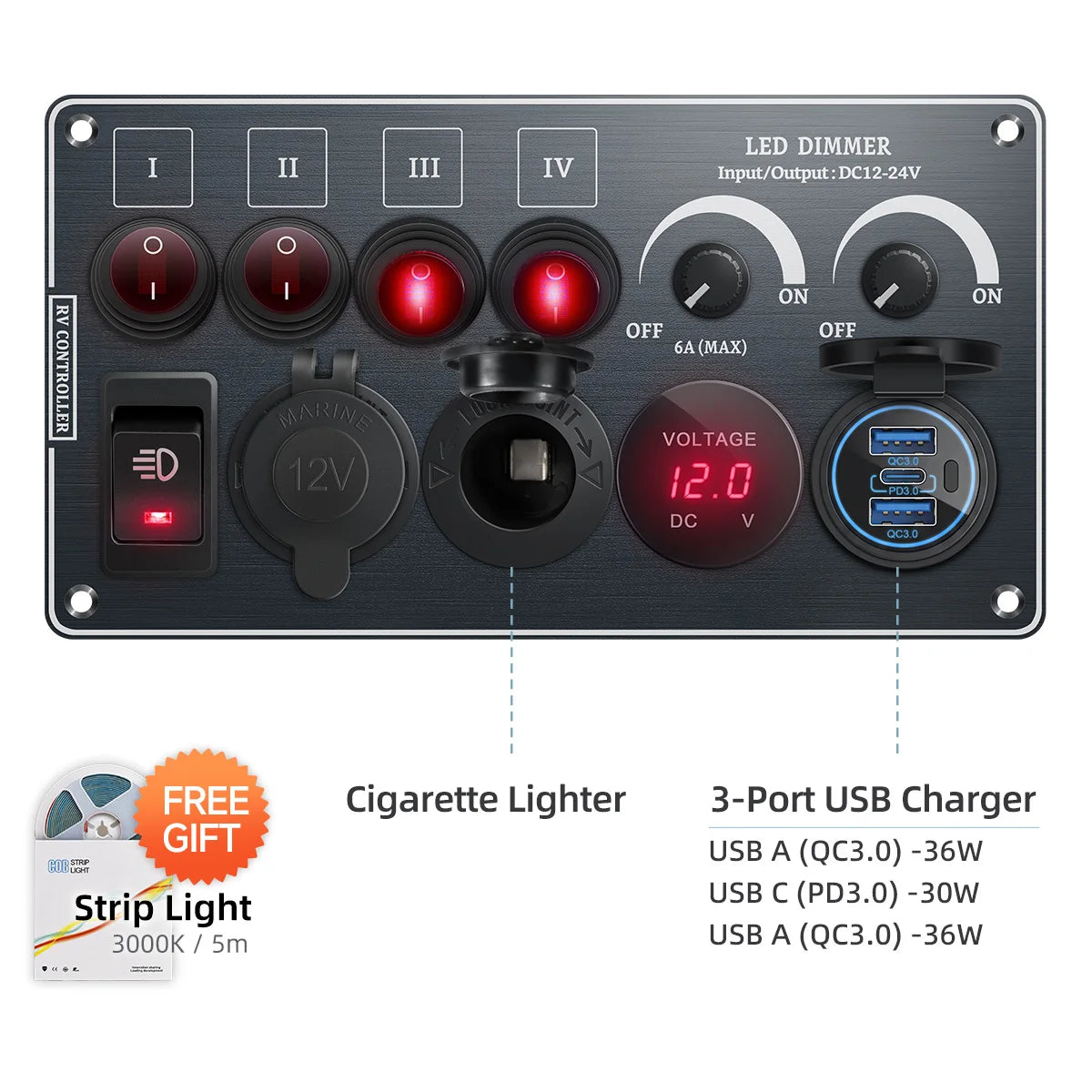 Toggle Switch Multi-Functions Aluminum Panel LED Dimmer Switch 12V 24V for RV Dual Port USB QC3.0  Cigarette Lighter