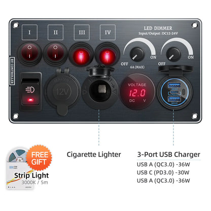 Toggle Switch Multi-Functions Aluminum Panel LED Dimmer Switch 12V 24V for RV Dual Port USB QC3.0  Cigarette Lighter