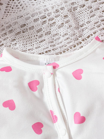 Infant Girls' Four-Season Lightweight Sweet Style Baby Comfortable Round Neck Long-Sleeve Footed Geometric Pattern Three-Piece S