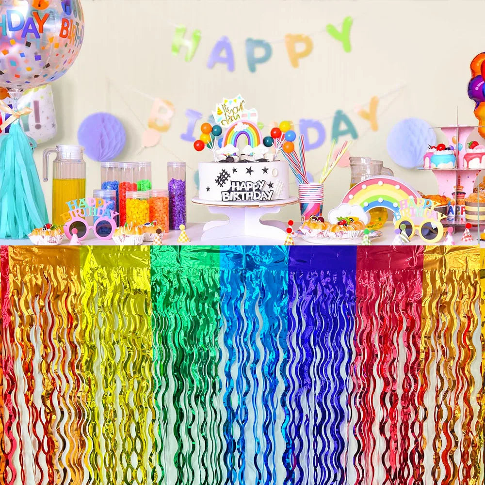 Rainbow Wavy Table Skirt Rainbow Metallic Foil Tinsel Table Skirts for Birthday Wedding Engagement Bridal Shower Party Supplies