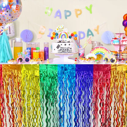 Rainbow Wavy Table Skirt Rainbow Metallic Foil Tinsel Table Skirts for Birthday Wedding Engagement Bridal Shower Party Supplies