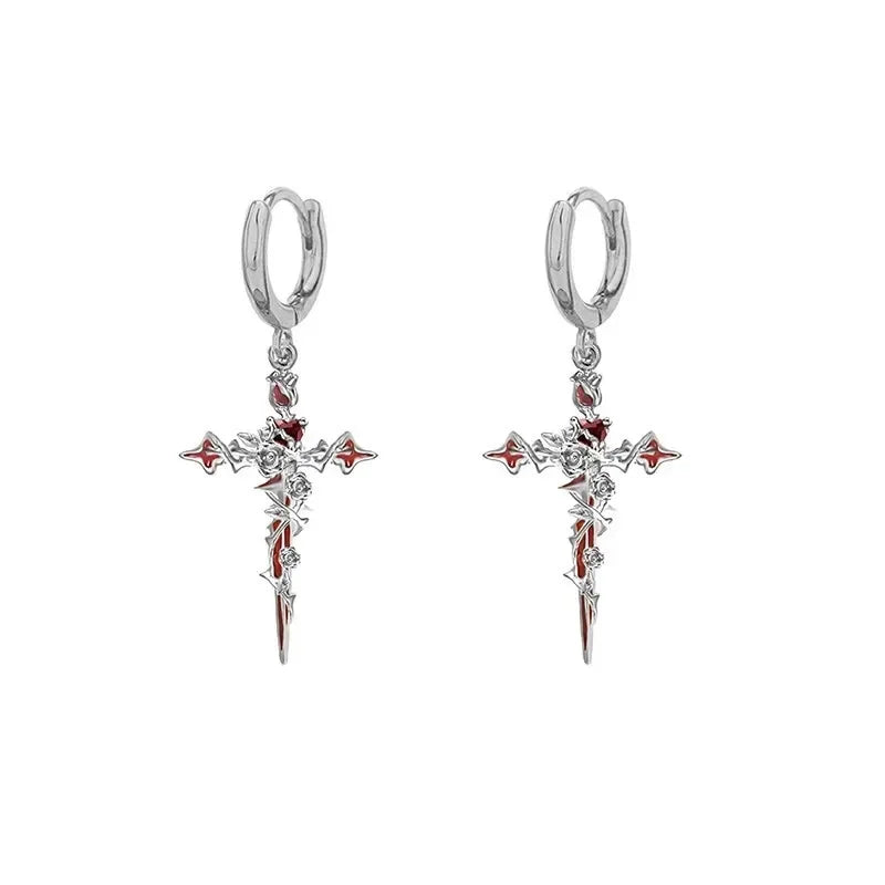 Punk Thorn Rose Cross Earrings Sweet Cool Dark Style Earring Pendant Necklace Party Halloween Jewelry