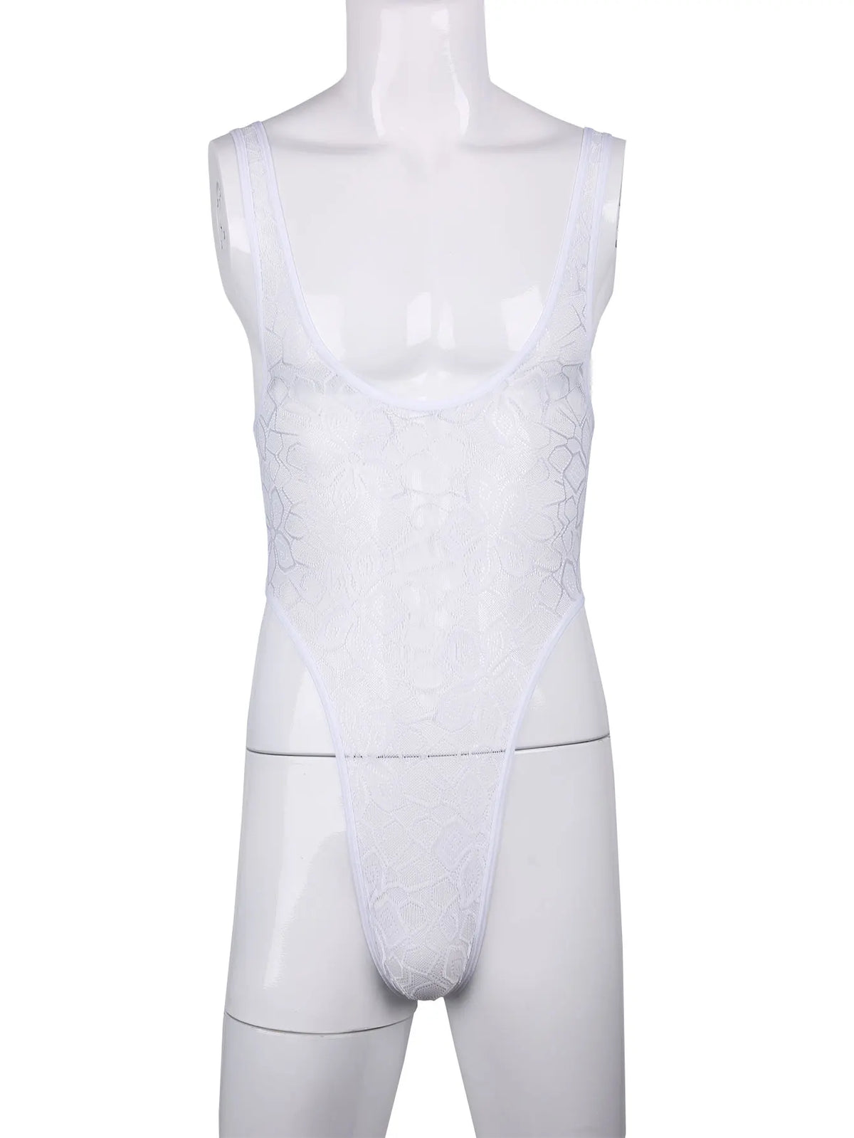 Men's One-piece High Cut G String Underwear Wrestling Singlet Leotard Sheer Bodysuit Thongs Sissy Lingerie See Through Nightwear