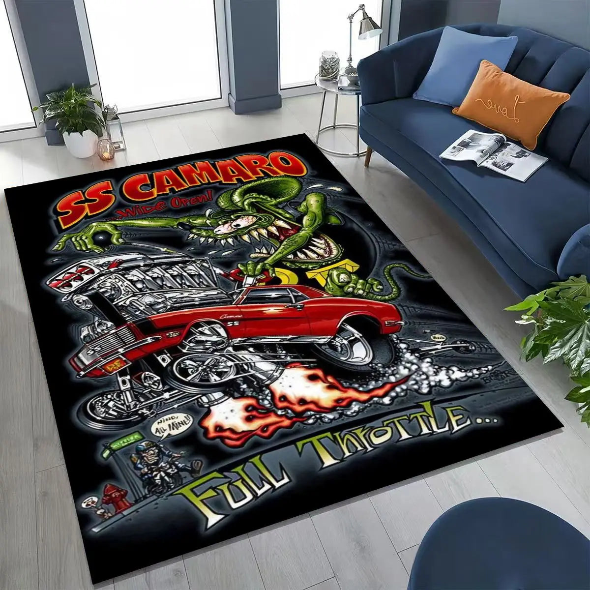 3D Rebellious RAT FINK Cars Sign Cartoon Rug for Bedroom Living Room Sofa Home Doormat Decor, Large Kids Play Non-slip Floor Mat