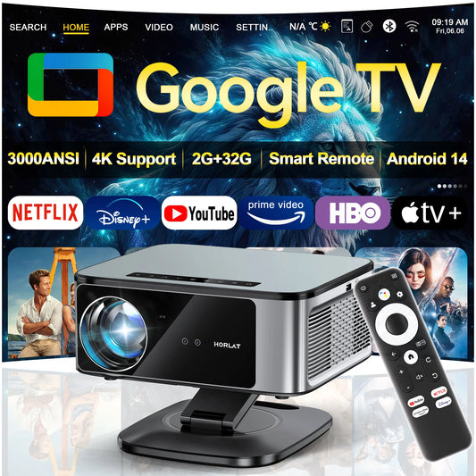 2026 HORLAT Google TV Projector 3000ANSI Lumens Full HD 1080P Auto Focus WiFi 6 3D 4K Support Smart Home Theater Dolby Projector