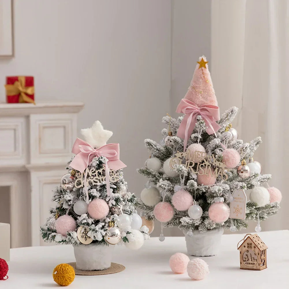 2025 Mini Flocking Christmas Tree with Golden Red Ball Led Lights Desktop New Year Home Christmas Decorations