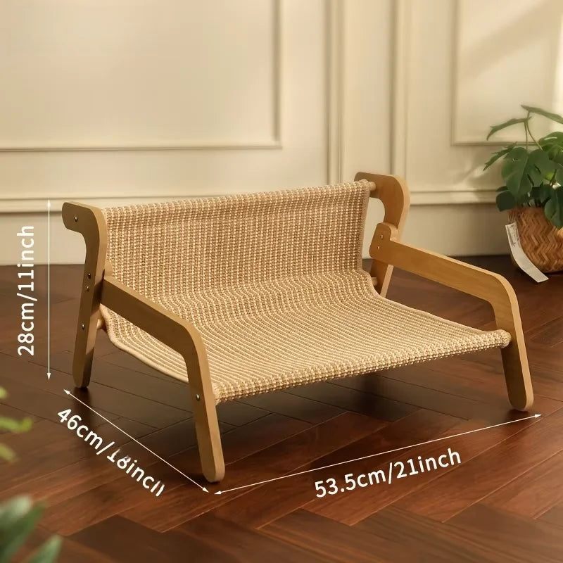 Large Sisal Cat Scratcher Lounge Bed, Off-Ground Breathable Cat Hammock, 2-in-1 Scratch & Rest Sofa, Durable Wooden Frame Cat Be