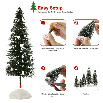 Evemodel 20pcs Snowy Pine Trees Miniature Christmas Trees Covered Snow with White Bases for Christmas Home Party Decor XS0804