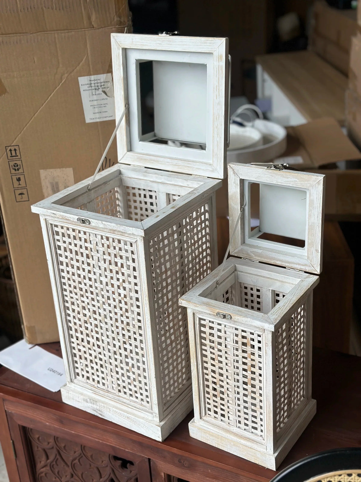 Rustic Wooden Lantern Set with Lattice Design, Distressed White Finish, Solid Wood and Bamboo Weave, 2 Piece Set, Large 25x25x62