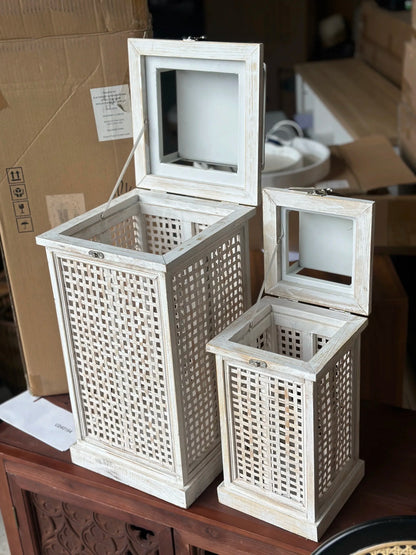 Rustic Wooden Lantern Set with Lattice Design, Distressed White Finish, Solid Wood and Bamboo Weave, 2 Piece Set, Large 25x25x62