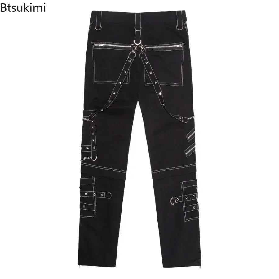 2026 Men's Hip Hop Rock Punk Gothic Pants Cotton Casual Pants Buckle Zip Chain Strap Trousers Men Streetwear Daily Cargo Pants