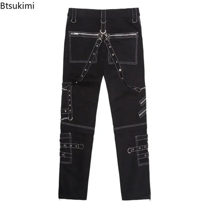 2026 Men's Hip Hop Rock Punk Gothic Pants Cotton Casual Pants Buckle Zip Chain Strap Trousers Men Streetwear Daily Cargo Pants