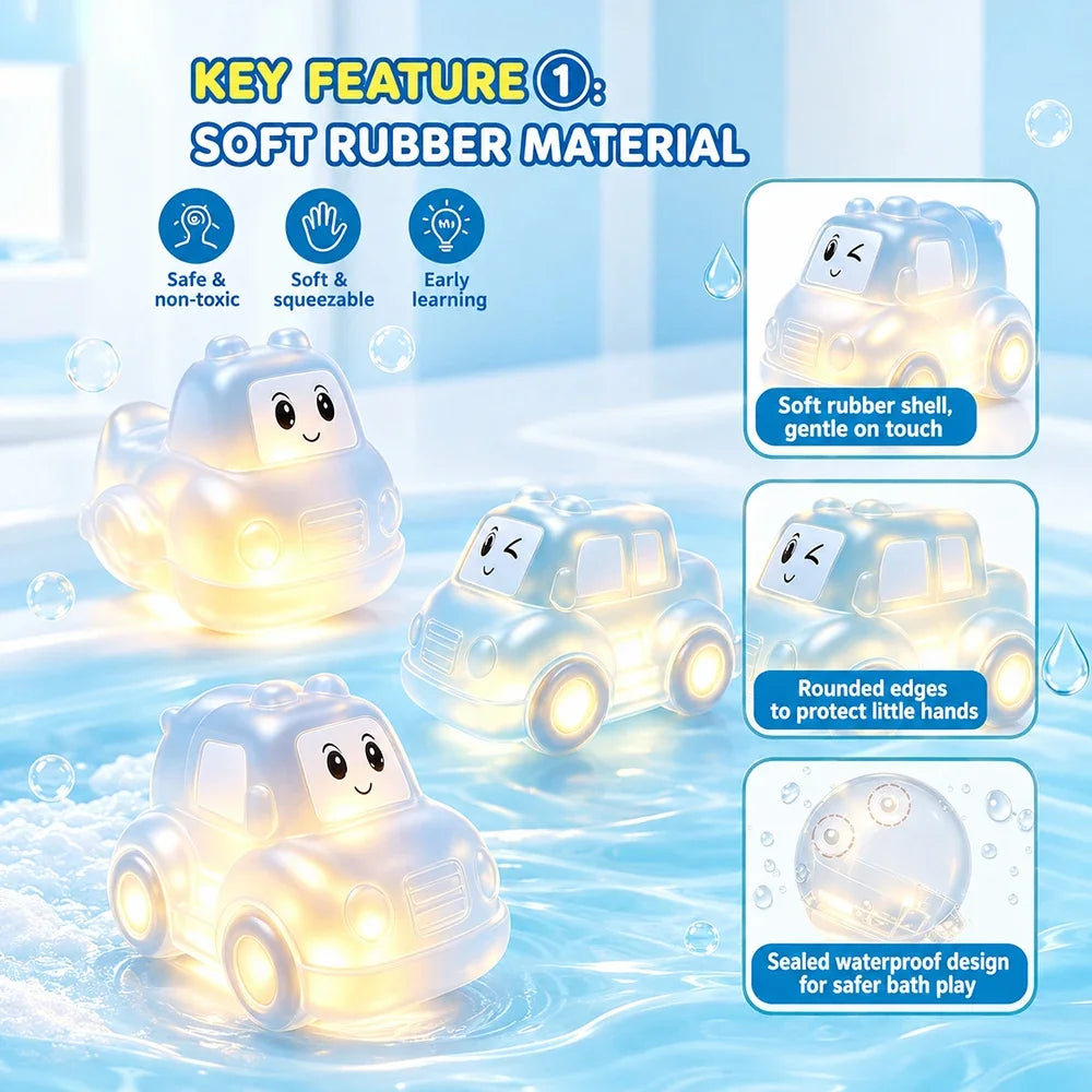 1 Set Cute Cartoon Car Light Up Toy, Vinyl Touch Sensor Vehicle, Colorful Flashing Water Toy for Baby Bath Gift Baby Bath Toys