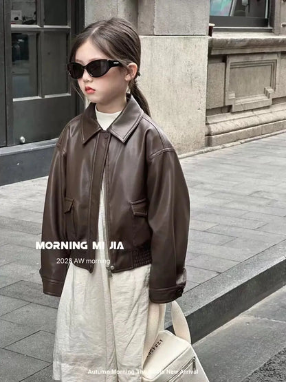 Children's Leather Jacket Spring Autumn New Style Boys Girls Korean Fashionable Biker Coat Kids Clothing