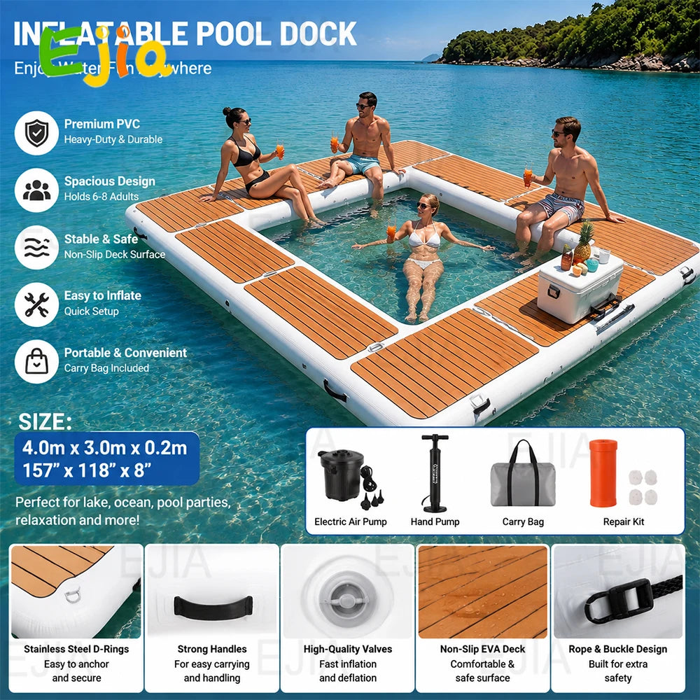 Stock Inflatable Swim Dock Platform 13x10FT - Floating Dock With EVA Non-Slip Surface Platform Dock for Pool, Beach, Ocean Use