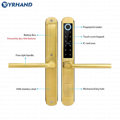 IP66 Gold Stainless Steel Sliding Glass Smart Lock Ttlock App with Google Home Aleax Fingerprint Electronic Digital Lock